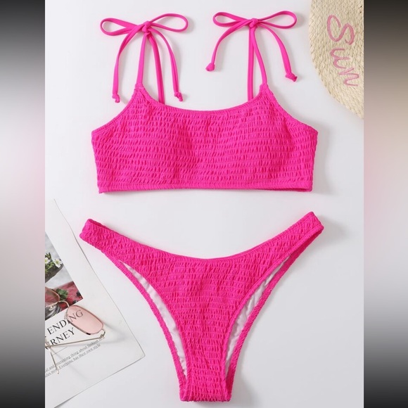 XS HOT PINK Smocked Tie Shoulder Bikini (2 piece) - Picture 5 of 5